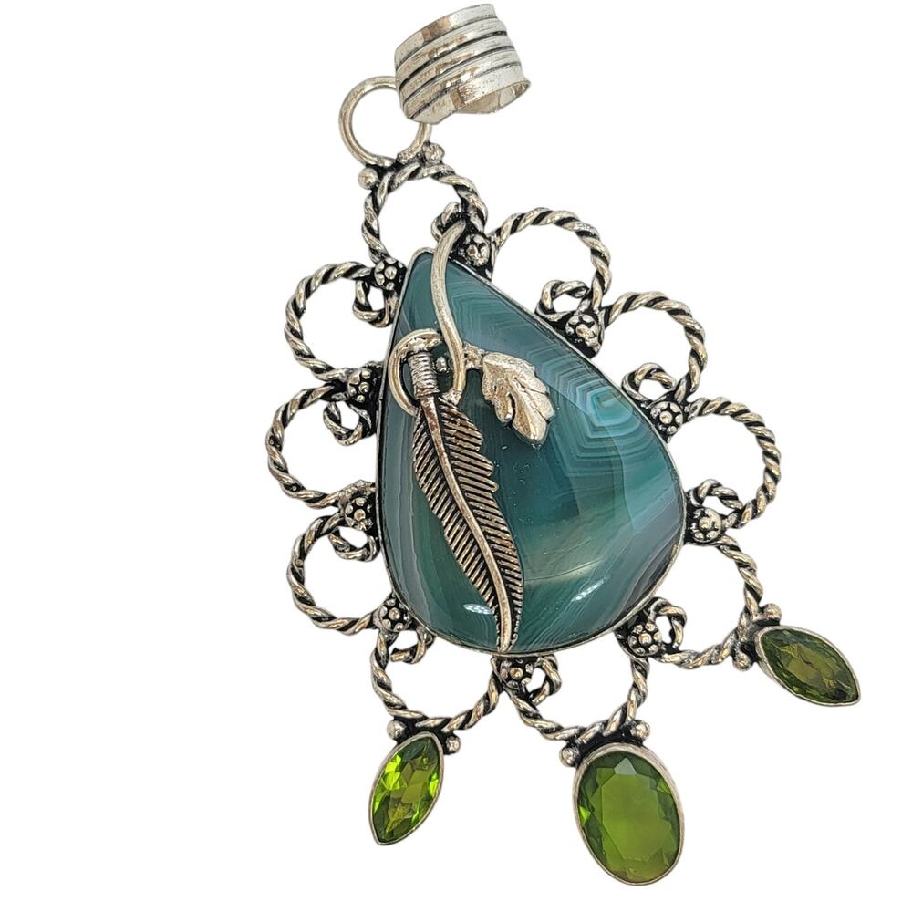 Sterling Silver Statement Agate Pendant Green Cry… - image 2